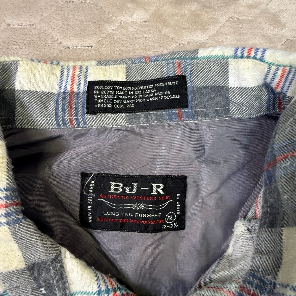VTG BJ-R Long Tail Form Fit Western Shirt Mens XL Plaid Pearl Snap STAINED Look - Picture 6 of 12